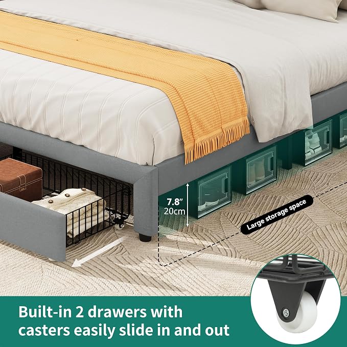 YITAHOME Storage Bed Frame, Queen Size Bed Frame with Type-C & USB Port and 2 Drawers, Upholstered Headboard Storage Shelf Platform Bed, No Box Spring Needed, Easy Assembly, Grey