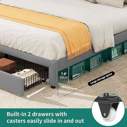 YITAHOME Storage Bed Frame, Queen Size Bed Frame with Type-C & USB Port and 2 Drawers, Upholstered Headboard Storage Shelf Platform Bed, No Box Spring Needed, Easy Assembly, Grey