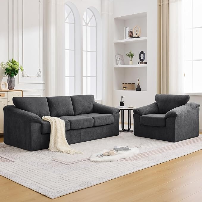 Boneless Couch Sets, Modern 3 Seater Sofa with Accent Chair, Floor Cloud Couch Sets with Extra Comfy Soft Deep Seats for Living Room, Apartment, No Assemby, Set of 2, Dark Gray