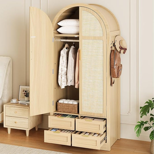 Armoire Wardrobe Closet with 4 Drawers - Wood Bedroom Armoires and Wardrobes with Rattan Doors for Hanging Clothes, Tall Clothing Cabinet Arched Closets for Cloak Room, Large Capacity Storage