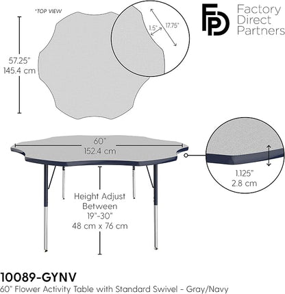 FDP Flower Activity School and Office Table (60 inch), Standard Legs with Swivel Glides for Collaborative Seating Environments, Adjustable Height 19-30 inches - Gray Top and Navy Edge