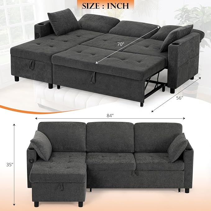 84" Fabric Sleeper Sofa Bed w/Adjustable Backrests, L-Shaped Sectional Sofa Bed w/USB Port & Thickened Cushions, Convertible Pull Out Couch Bed w/Storage Bags for Living Room, Grey