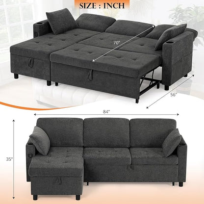 84" Fabric Sleeper Sofa Bed w/Adjustable Backrests, L-Shaped Sectional Sofa Bed w/USB Port & Thickened Cushions, Convertible Pull Out Couch Bed w/Storage Bags for Living Room, Grey