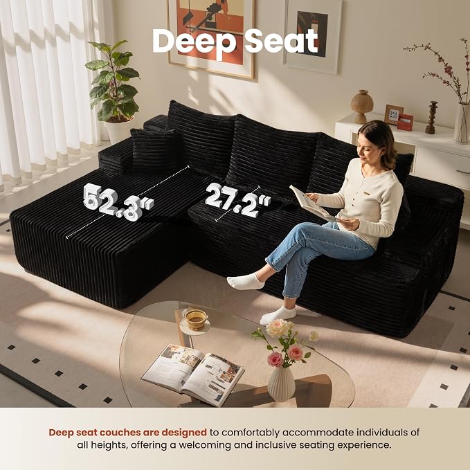 ovios 96" Cloud Sectional Couch with L-Shape Chaise,Modern Modular Sofa with Deep Seat, Upholstered Couches for Living Room Bedroom,No Assembly Required, Black (Plush Corduroy Fabric)
