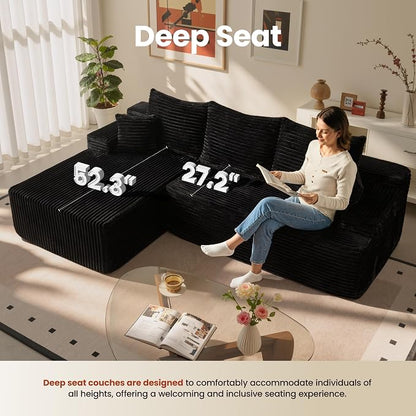 ovios 96" Cloud Sectional Couch with L-Shape Chaise,Modern Modular Sofa with Deep Seat, Upholstered Couches for Living Room Bedroom,No Assembly Required, Black (Plush Corduroy Fabric)