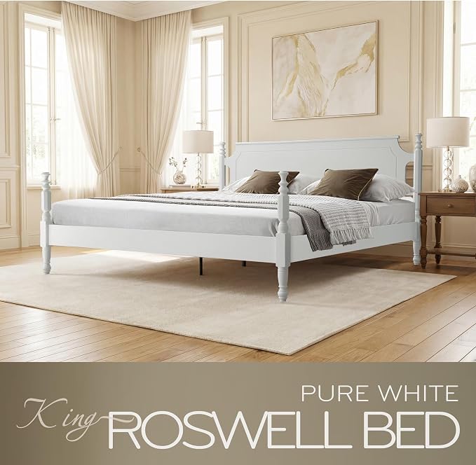 Solid Wood King Size Platform Bed Frame, A Headboard & Footboard, Under Bed Storage, 12 Strong Slats with Center Metal Legs, Anti-Noise & Slip-Free, No Box Spring Needed, Pure White Finish, ROK-39