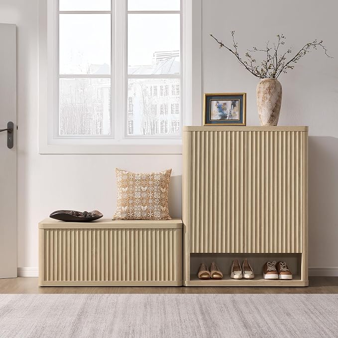 SICOTAS Storage Bench 40.2" Wide Shoe Bench with Lift Top Large Wooden Storage Chest Trunk Modern Blanket Chest with 2 Safety Hinges & Seating for Bedroom Entryway Living Room Hallway