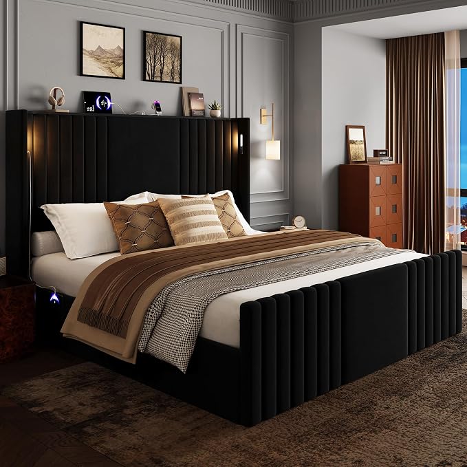 King Size Bed Frame with 55.1" Tall Headboard, Velvet Upholstered Platform Bed with Channel Tufted Wingback, 2 Reading Lights/Storage Shelf/Charging Station/Easy Assembly/Noise-Free, Black