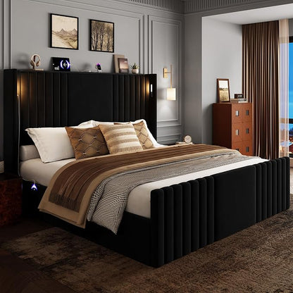 King Size Bed Frame with 55.1" Tall Headboard, Velvet Upholstered Platform Bed with Channel Tufted Wingback, 2 Reading Lights/Storage Shelf/Charging Station/Easy Assembly/Noise-Free, Black