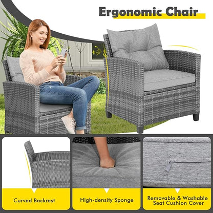 COSTWAY 3-Piece Patio Furniture Set, Outdoor Wicker Rattan Sofa with Cushions, Coffee Table with Tempered Glass, Conversation Sofa Set for Poolside Backyard Balcony (Grey)