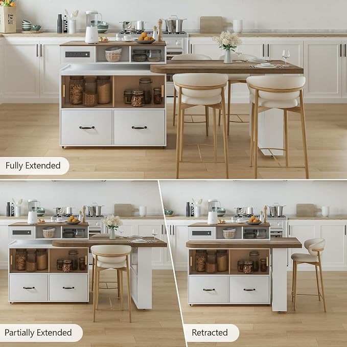 Kitchen Islands with Extendable Dining Table Rolling Islands Power Outlet Mobile Storage Islands Cart on Wheels with Drawers and 2 Side Open Shelves for Dining Room, White