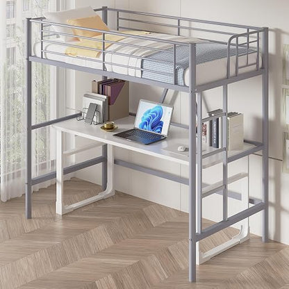 VECELO Metal Loft Bed Twin Size, Heavy Duty Bedframe with Removable Ladder and Safety Guardrail, Space-Saving, Noise Free, No Box Spring Needed, Grey