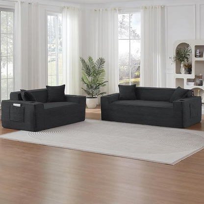 Boneless Sofa Couches with Cup Holder for Compact Living Rooms, Apartments (Deep Gray, Loveseat + 3 Seat Sofa)