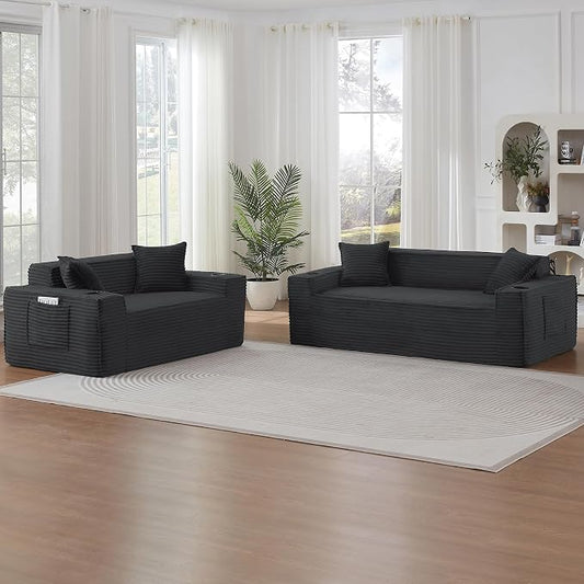 Boneless Sofa Couches with Cup Holder for Compact Living Rooms, Apartments (Deep Gray, Loveseat + 3 Seat Sofa)