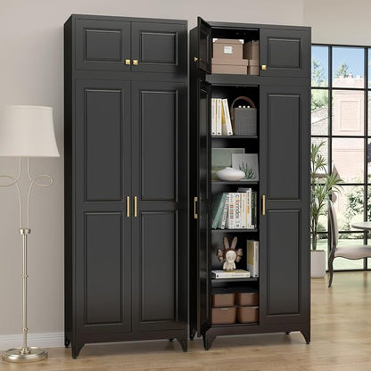 SteeLoong 90”Kitchen Pantry Cabinet,Metal Storage Cabinets with Doors and 4 Adjustable Shelves,Black Kitchen Cabinet with 2 Gold Handles,Tall Cabinet for Livingroom, Bathroom