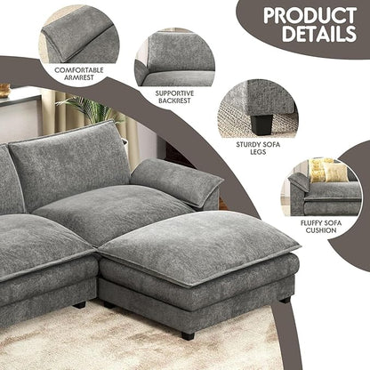 Homall 119" Modular Sectional Sofa, L Shaped Sofa Couch with Reversible Ottoman, DIY Combination Chenille Deep 3-Seat Cloud Couch for Living Room, Apartment (Light Grey, L Shaped Sofa)
