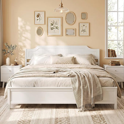 Giantex King Size Wooden Bed Frame with Headboard, Wood Slat Support | Farmhouse Platform Bed with Heavy Duty Mattress Foundation, Under-Bed Storage, No Box Spring Needed, Easy Assembly (White)