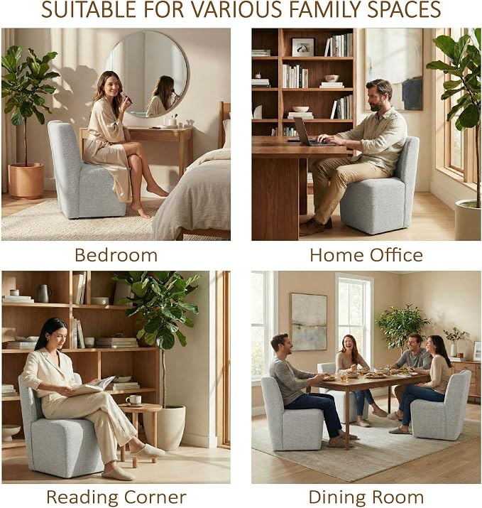 KISLOT Upholstered Dining Chairs Set of 1 with Casters, Wingback Modern Side Armless Deskchair with Rollers for Diningroom Bedroom Livingroom Reading Room, Pale Gray Fabric