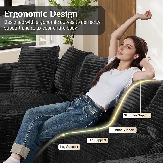131" Oversized U Shaped Cloud Sectional Couches for Living Room, Comfy Fluffy Corduroy Black Boneless Sectionals Couch, Plush Memory Foam Modular Sectional Sofa with Chaise- 19" Seat Height
