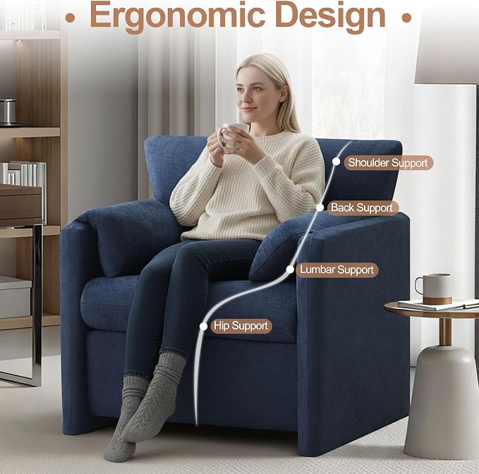 Oversized Accent Chair for Living Room, 32.68" Large Modern Armchair with Deep Seat, Mid-Century Comfy Reading Chair with Padded Arms, Chenille Single Sofa Chairs for Bedroom, Blue