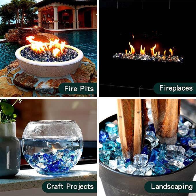 Mr. Fireglass 10 Pounds Blended Fire Glass - 1/4 Inch Mixed Colored High Luster Reflective Tempered Glass Rocks for Fireplace Fire Pit Table Fireplace and Landscaping, Aqua Blue+Cobalt Blue+Platinum