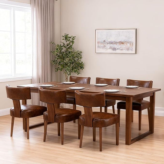 RIVOVA Mid Century Modern Dining Chairs Set of 6 PU Leather Upholstered Side Chairs, Modern Kitchen Armless Parson Chairs Solid Wood Dining Chairs, Brown