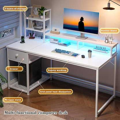 EnHomee 44" Small White Gaming Desk with Hutch & Shelves for Teen Gamer | Dual Monitor Stand for Posture, Built-in Power Strip, Music-sync RGB Lights, Sturdy Steel Frame, Fabric Drawer, Easy Assembly
