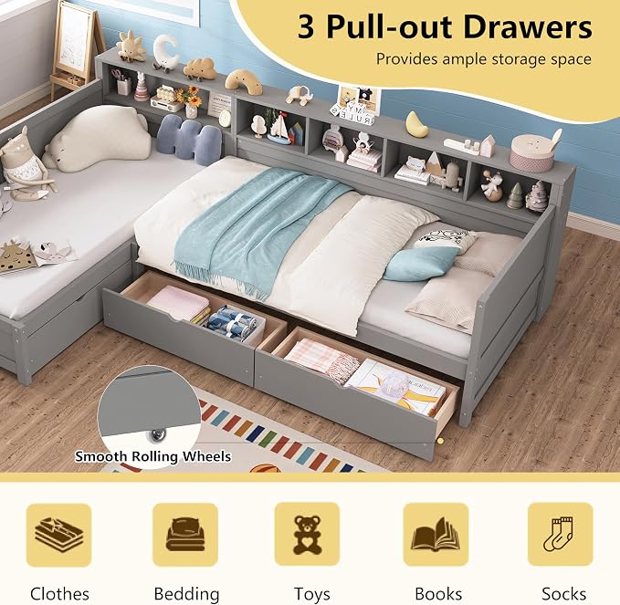 Bellemave L Shaped Corner Bed for 2 Kids, Double Twin Platform BedFrame with Storage Drawers and Shelves, Gray