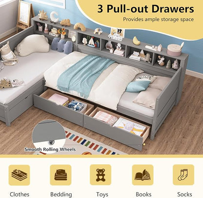 Bellemave L Shaped Corner Bed for 2 Kids, Double Twin Platform BedFrame with Storage Drawers and Shelves, Gray