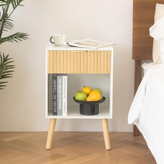 Fultyle Nightstand, Modern Bedside Table with Drawer and Open Shelf, Fluted Night Stand with Solid Wood Legs for Bedroom, Living Room, Office (White Oak)