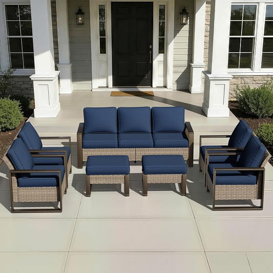 Joyside Outdoor Patio Chairs, 7 Pieces Wicker Rattan Furniture Set, 4 Patio Chairs, 1 Sofa and 2 Ottoman, Metal Wide Armrest, Thick Cushions and Deep Seating for Garden, Backyard, Porch, Deck