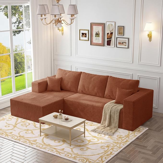 108" Modular Sectional Sofa,L-Shaped Cloud Couch with Deep Seats & Chaise,Convertible 4-in-1 Corduroy Boneless Couches for Living Room,Bedroom,No-Assembly,Brown(Left Facing Chaise)