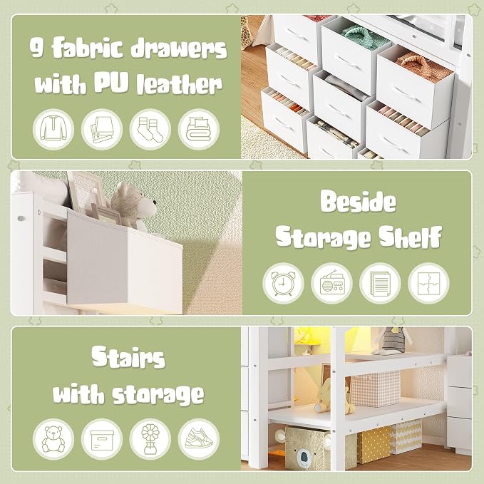 Bellemave Low Loft Bed Twin Size with Storage Stairs and Drawers, Metal Twin Loft Bed for Kids with LED Lights and Shelves, Low Profile Loft Bed Frame for Small Rooms, No Box Spring Needed, White