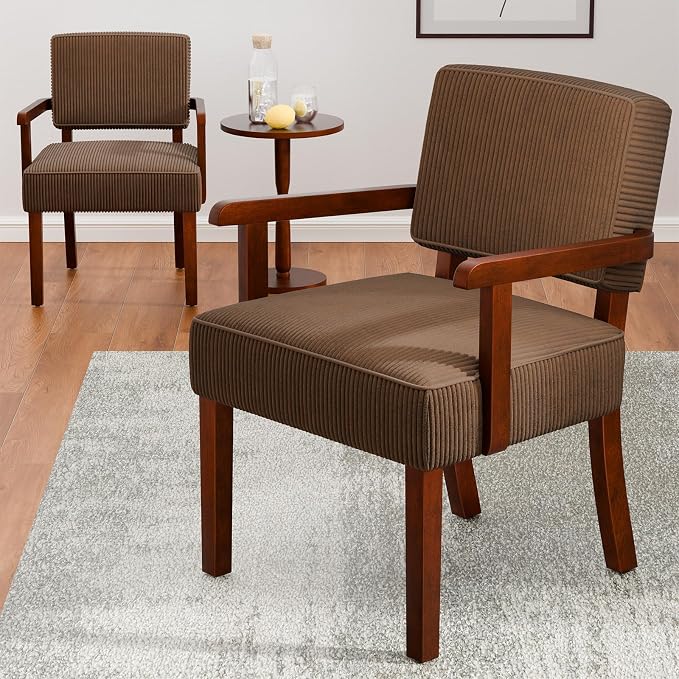 FAGAGA Corduroy Accent Chair Set of 2 with Table, Mid Century Modern Armchairs with Solid Wood Frame, Oversized Reading Leisure Chair (Corduroy Brown, Set of 2 with Table)