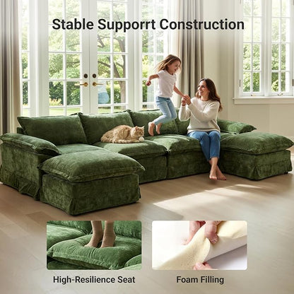 Claiks 157" Modular Boneless Couch, U Shaped Couch for Living Room, Modern Deep Seat Sofa 4 Seater Chenille Fabric Comfy Cloud Couches with Movable Ottoman, Dark Green