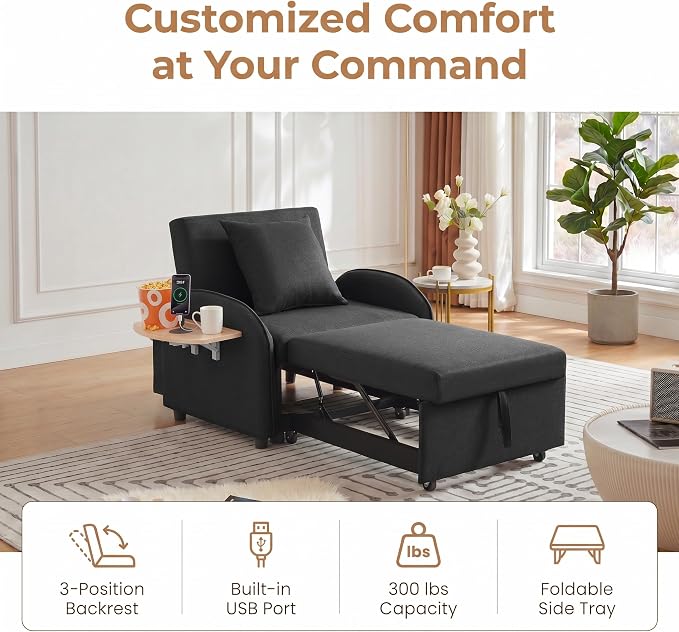 3-in-1 Convertible Sleeper Bed, Pull Out Single Sofa Bed with Adjustable Backrest, Foldable Recliner Sofa with Side Table & USB Port, Sleeper Chair for Living Room, Home Office, Black