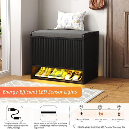 HOMEFORT 23.6" Fluted Shoe Storage Bench, Small Entryway Bench with Linen Seat Cushion, Shoe Cabinet Bench with Adjustable Shelf and Built-in LED Sensor Light, Bench for Bedroom End of Bed,Black