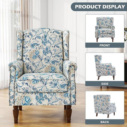 High Back Accent Chairs Set of 2, Floral Wingback Chair Fabric Upholstered Armchair for Living Room, Nailhead Trim Single Sofa Bedroom Reading Seat - Boho Blue