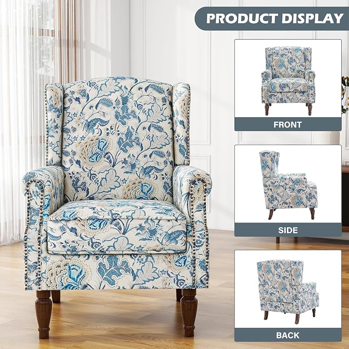 High Back Floral Accent Chair, Fabric Upholstered Armchair Wingback Arm Chair for Living Room, Nailhead Trim Single Sofa Bedroom Side Reading Seat with Retro Solid Wood Legs - Boho Blue