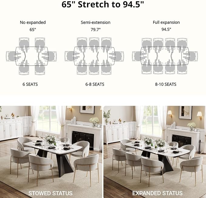 Honyee Extendable Dining Table with Leaf, 65 to 95 Inch Rectangular Sintered Stone, Modern Large Dining Room Table Seats 6 8 10 12, Metal Base, Marble Look for Family Gatherings