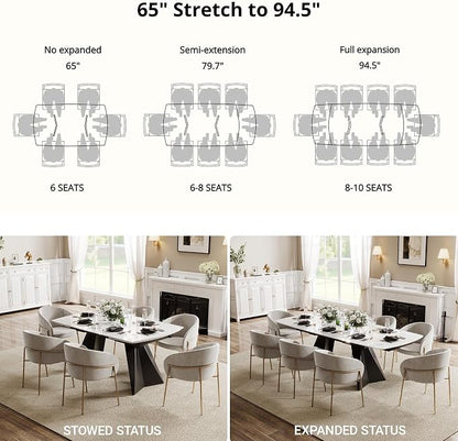 Honyee Extendable Dining Table with Leaf, 65 to 95 Inch Rectangular Sintered Stone, Modern Large Dining Room Table Seats 6 8 10 12, Metal Base, Marble Look for Family Gatherings