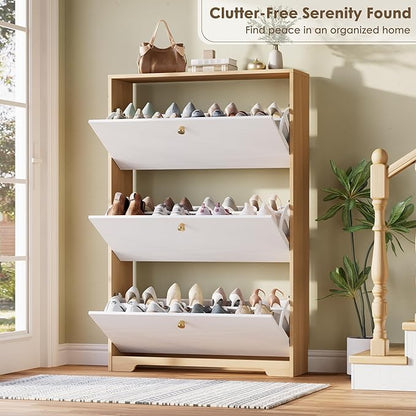 Nicetree Shoe Storage Cabinet for Entryway, Modern Shoe Cabinet, Freestanding Shoe Rack Cabinet, Hidden Shoe Dresser for Hallway,Foyer, Natural Oak and White