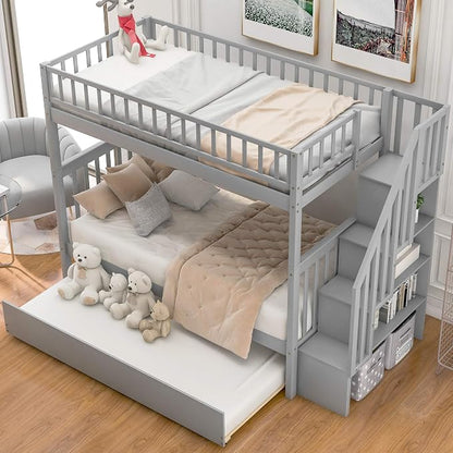 Twin Over Twin Bunk Beds with Staircase and Trundle Bed, No Box Spring Needed for Teens, Boys or Girls