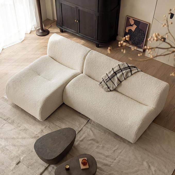 92" Curved Sectional Sofa with Chaise Set, Boneless 3-Seater Modular Couch, Reversible L-Shaped Couches with Deep Seat, Sherpa Sofas for Small Living Room, Bedroom, Apartment – No Assembly, White