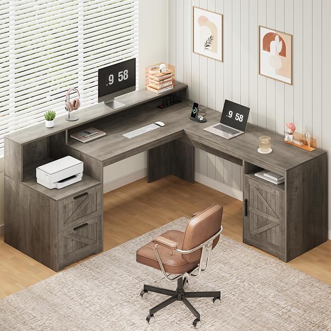 YOMILUVE 63" Farmhouse L Shaped Executive Desk with Drawers & Storage Shelf, Corner Computer Desk with Power Outlets, L Shaped Office Desk with Monitor Stand, Printer Shelf, Gray