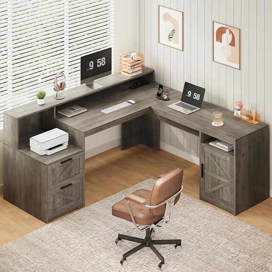 YOMILUVE 63" Farmhouse L Shaped Executive Desk with Drawers & Storage Shelf, Corner Computer Desk with Power Outlets, L Shaped Office Desk with Monitor Stand, Printer Shelf, Gray