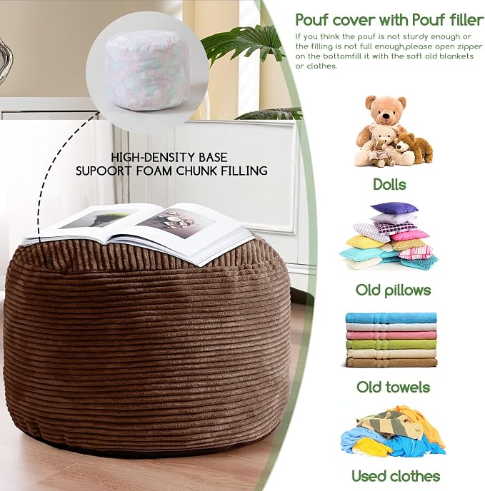 HIGOGOGO Round Stuffed Pouf Ottoman, Corduroy Poufs with Foam Chunk Filling, Furry and Fluffy Pouf Foot Stool Storage Ottoman, 20 X 15 Floor Poufs Foot Rest for Living Room, Brown