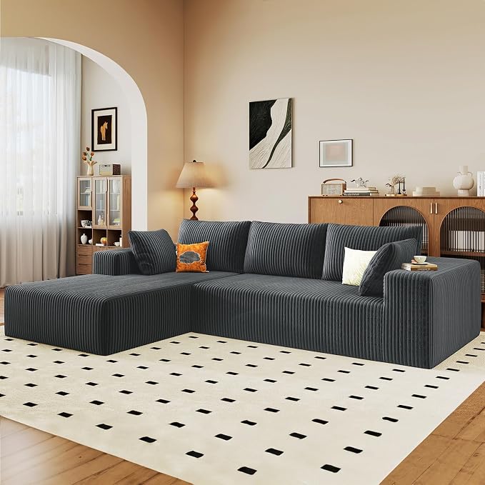 96" Modular Sectional Sofa, Modern Corduroy Cloud Couch with Deep Seat, Boneless Couch Upholstered 3-Seater L-Shaped Sofa for Living Room, No Assembly Required (Dark Grey, Left-Facing Chaise)