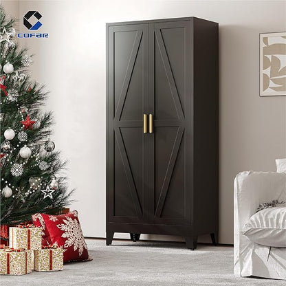 COFaR Metal Wardrobe Closet, 71'' Tall Steel Bedroom Armoire with Adjustable Hanging Rod and Shelves, Broom Closet Storage Cabinet for Garage Laundry Office, Farmhouse Black