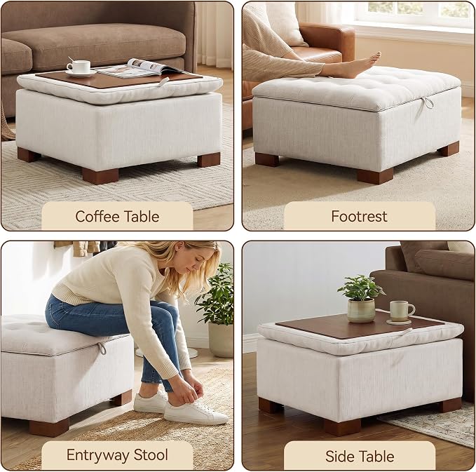 30 Inch Square Storage Ottoman Coffee Table, Modern Tufted Upholstered Ottoman with Flip Tray and Solid Wood Legs, Suitable for Living Rooms, Linen Beige